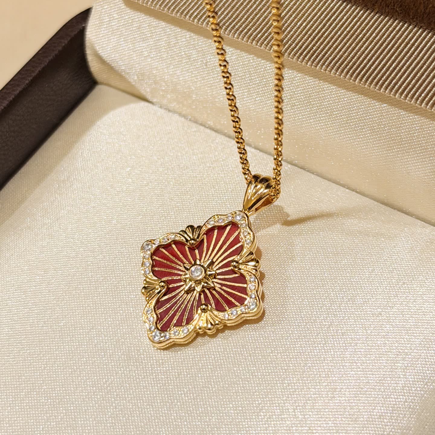 Van Cleef & Arpels Elegant Gold and Red Enamel Flower Pendant Necklace